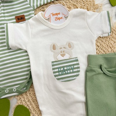 Conj. de Malha 3 peças - Bear Baby Listrado - Verde e Off White